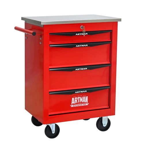 Chariot à Outils 4 Tiroirs Mobile En Acier Rouge Et Noir Avec Roulettes Et Rangement Pratique