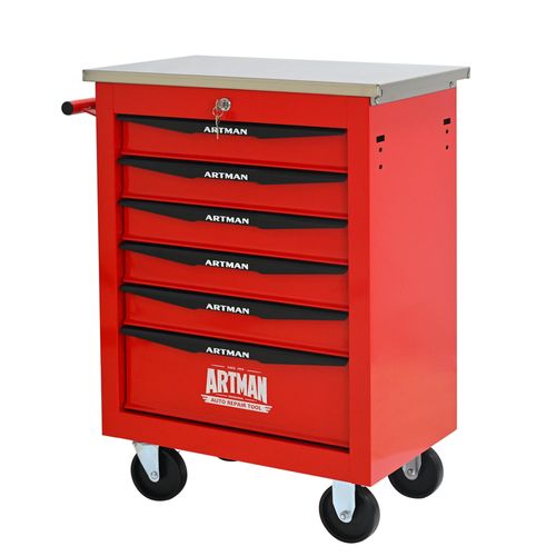Chariot à Outils 6 Tiroirs Mobile En Acier Rouge Et Noir Avec Roulettes Et Plan De Travail Inox