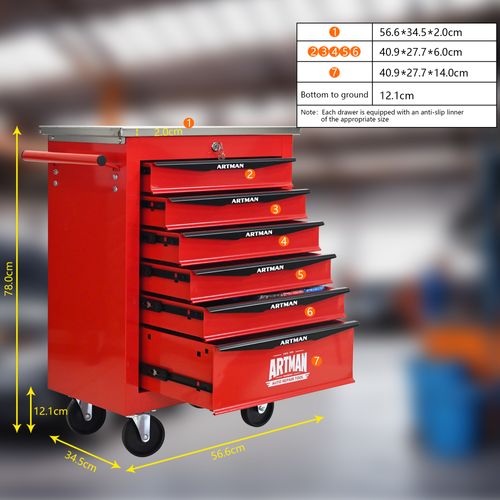 Chariot à Outils 6 Tiroirs Mobile En Acier Rouge Et Noir Avec Roulettes Et Plan De Travail Inox