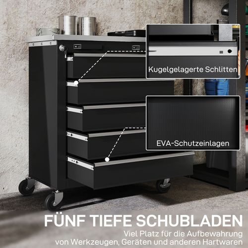 Chariot D'atelier à 5 Tiroirs En Acier Avec Roulettes Et Surface Inox, Argent Et Noir