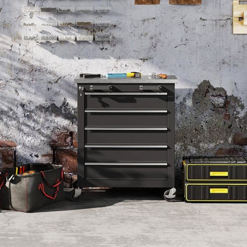 Chariot D'atelier à 5 Tiroirs En Acier Avec Roulettes Et Surface Inox, Argent Et Noir