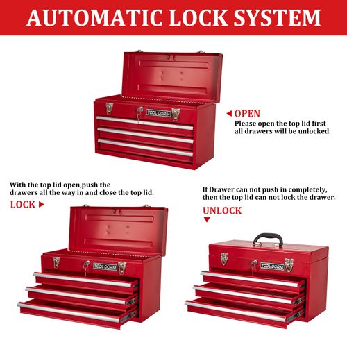 Boîte à Outils Métallique Portable Rouge 3 Tiroirs Avec Doublures Eva, Verrouillage Sécurisé, 51 cm