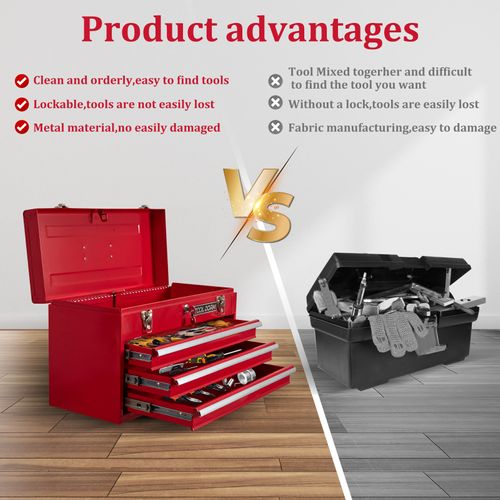 Boîte à Outils Métallique Portable Rouge 3 Tiroirs Avec Doublures Eva, Verrouillage Sécurisé, 51 cm