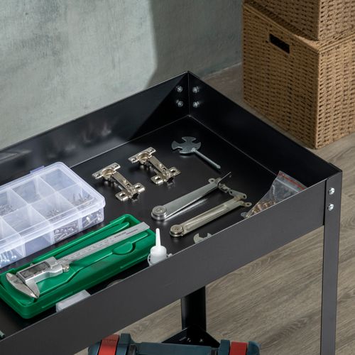 Chariot D’atelier En Acier Noir à 2 Étagères Avec Roues Et Poignée Latérale, Charge 150 kg