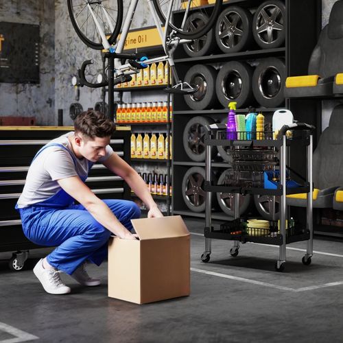 Chariot D’atelier Pliable à 3 Étagères Mobile Avec Poignée Et Roues, Charge Max 68 kg