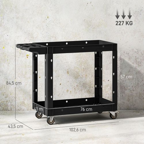 Chariot D’atelier à 2 Étages Mobile Avec Poignée Latérale Et Crochets, Charge Max 227 kg