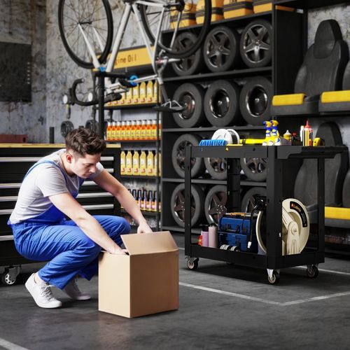 Chariot D’atelier à 2 Étages Mobile Avec Poignée Latérale Et Crochets, Charge Max 227 kg