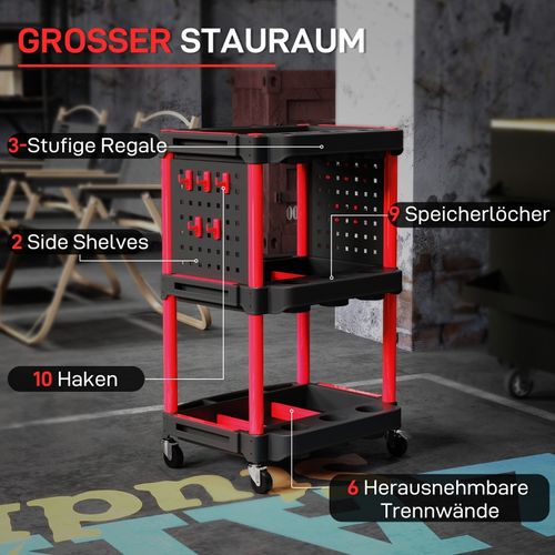 Chariot D’atelier à 3 Étagères Avec 10 Crochets Et Compartiments Latéraux, Charge Max 91 kg