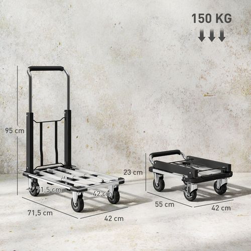Diable Pliable En Aluminium 150 kg, Plateforme Extensible Et Poignée Réglable, Noir