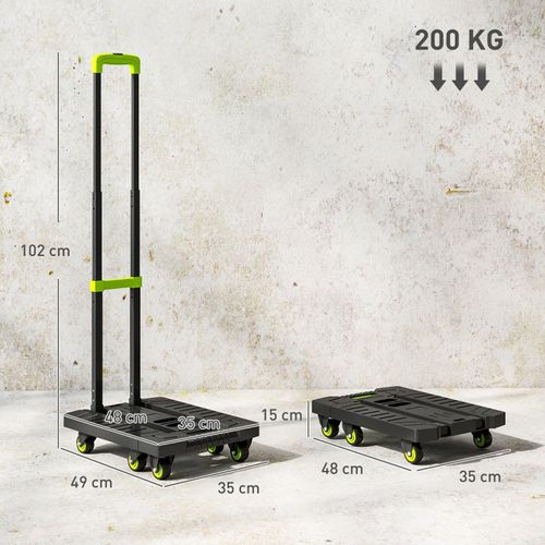 Diable Pliable En Métal Avec Roues, Poignée Réglable, 200 kg, Vert, 49x35x102 cm