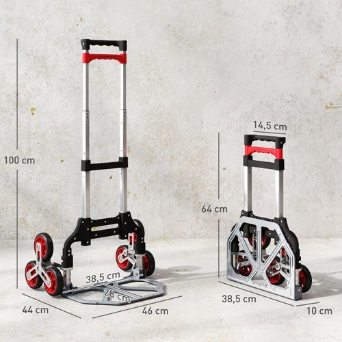Diable Pliable à 6 Roues Pour Escaliers, Aluminium, Capacité 70 kg, Rouge