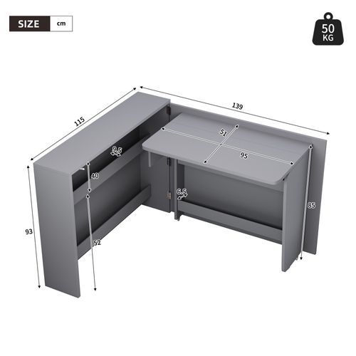 Bureau Pliable Mobile 2-en-1 Avec Chargeur Sans Fil, Rangement Intégré Et Roulettes, Gris Mat