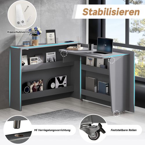Bureau Pliable Mobile 2-en-1 Avec Chargeur Sans Fil, Rangement Intégré Et Roulettes, Gris Mat