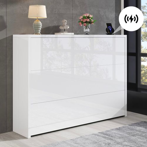 Bureau Pliable Mobile 2-en-1 Avec Chargeur Sans Fil, Roulettes Freinées Et Rangement, Blanc Brillant