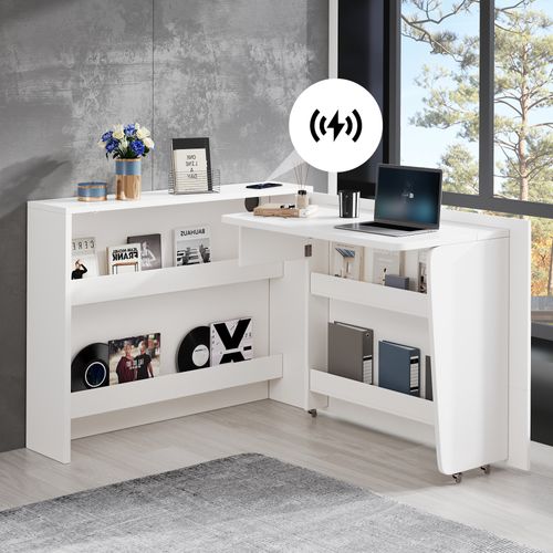 Bureau Pliable Mobile 2-en-1 Avec Chargeur Sans Fil, Roulettes Freinées Et Rangement, Blanc Brillant