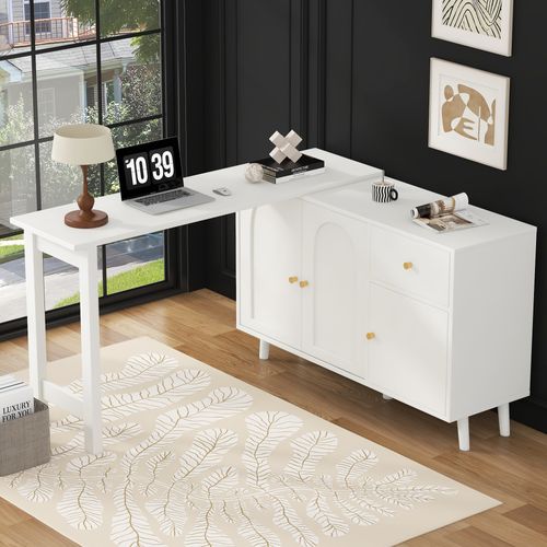 Bureau Rotatif 2-en-1 Blanc Avec Rangements, 360°, 3 Portes Et 1 Tiroir, Usage Multifonction