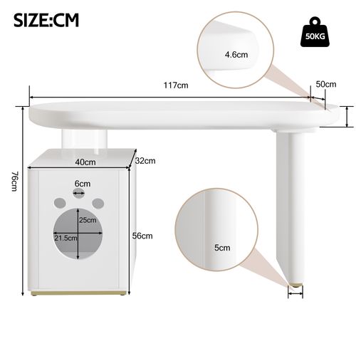 Bureau Moderne Blanc 117×50×76 Cm Avec Niche Pour Animaux M-xl, Pieds Épais 5 Cm, Design Arrondi