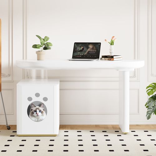 Bureau Moderne Blanc 117×50×76 Cm Avec Niche Pour Animaux M-xl, Pieds Épais 5 Cm, Design Arrondi