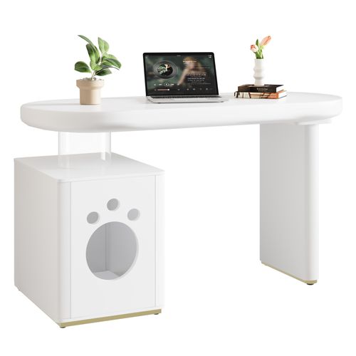 Bureau Moderne Blanc 117×50×76 Cm Avec Niche Pour Animaux M-xl, Pieds Épais 5 Cm, Design Arrondi