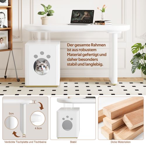 Bureau Moderne Blanc 117×50×76 Cm Avec Niche Pour Animaux M-xl, Pieds Épais 5 Cm, Design Arrondi