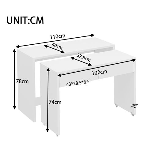 Bureau Compact 2-en-1 Avec Commode, Bois 1,8 Cm, Pliable Et Mobile Avec Roulettes