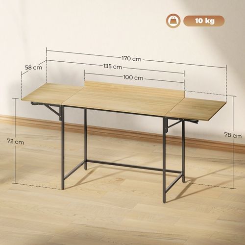 Bureau Pliant Avec 2 Rallonges 170×58×78 Cm, Design Moderne Chêne Et Métal Noir