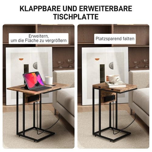 Table D’appoint Pliante C Avec Station De Charge USB, Métal Et Plateau Brun, Compacte