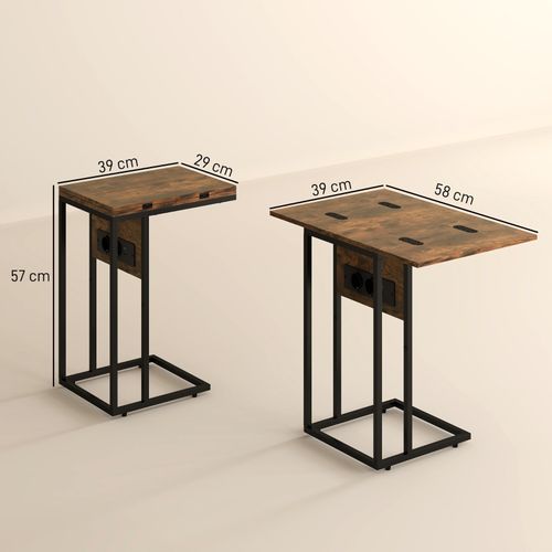 Table D’appoint Pliante C Avec Station De Charge USB, Métal Et Plateau Brun, Compacte