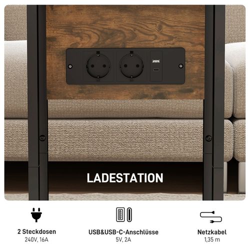 Table D’appoint Pliante C Avec Station De Charge USB, Métal Et Plateau Brun, Compacte