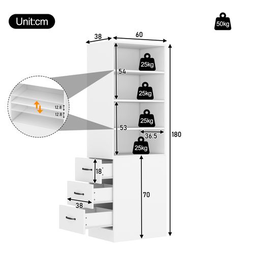 Bibliothèque Haute Et Étroite 180 Cm Avec Tiroirs Latéraux, Étagères Réglables, 60x38x180 Cm, Blanc