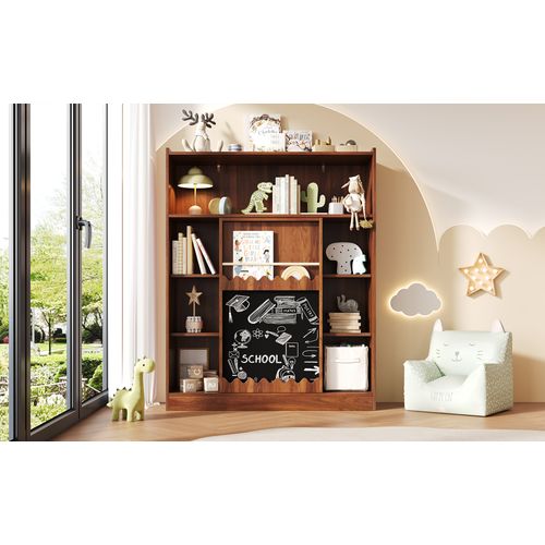 Bibliothèque Avec Tableau Et Portes Coulissantes, 9 Cases Ouvertes, 120x38,5x151,5cm, Finition Noyer