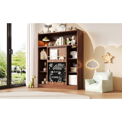Bibliothèque Avec Tableau Et Portes Coulissantes, 9 Cases Ouvertes, 120x38,5x151,5cm, Finition Noyer