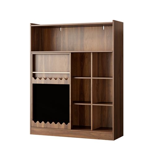 Bibliothèque Avec Tableau Et Portes Coulissantes, 9 Cases Ouvertes, 120x38,5x151,5cm, Finition Noyer