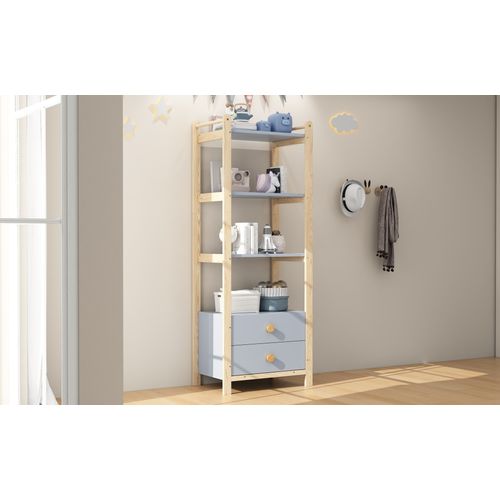 Étagère Sur Pied 4 Niveaux Avec 2 Tiroirs, Cadre Pin,, Bleu Et Naturel, 70×44×180 Cm