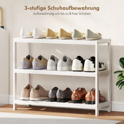 Étagère à Chaussures 3 Niveaux En Bambou Naturel, Design Compact Et Finition Blanche