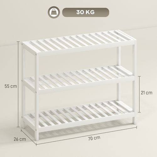 Étagère à Chaussures 3 Niveaux En Bambou Naturel, Design Compact Et Finition Blanche