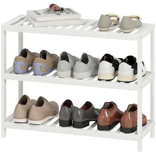 Étagère à Chaussures 3 Niveaux En Bambou Naturel, Design Compact Et Finition Blanche