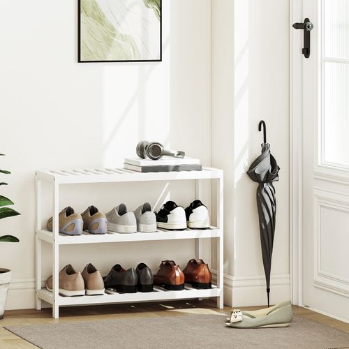 Étagère à Chaussures 3 Niveaux En Bambou Naturel, Design Compact Et Finition Blanche