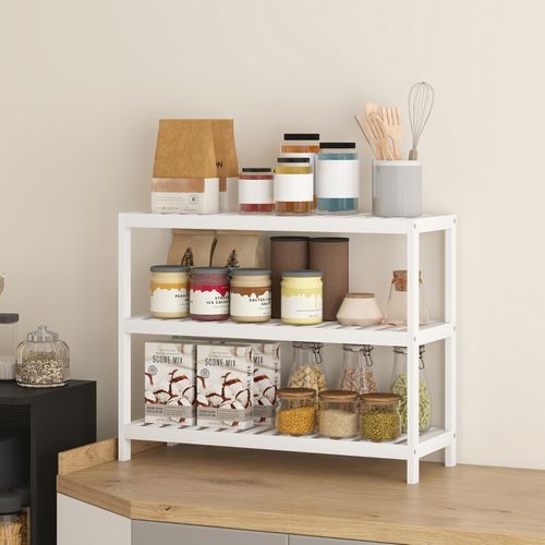 Étagère à Chaussures 3 Niveaux En Bambou Naturel, Design Compact Et Finition Blanche