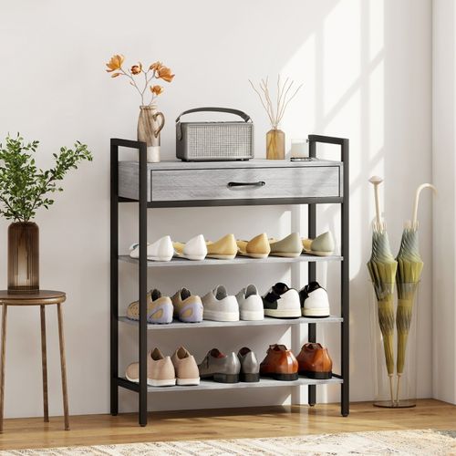 Étagère à Chaussures 4 Niveaux, Flurregal En Métal Et Panneaux Bois Gris, 70x30x87,6 Cm