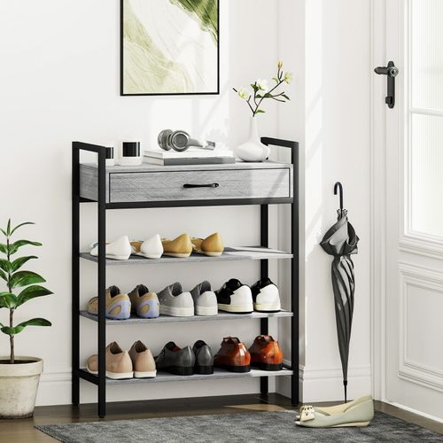 Étagère à Chaussures 4 Niveaux, Flurregal En Métal Et Panneaux Bois Gris, 70x30x87,6 Cm