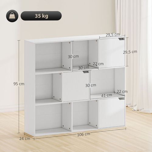 Bibliothèque Cube 9 Cases Avec 3 Portes Et 6 Niches Ouvertes, Rangement Polyvalent Blanc