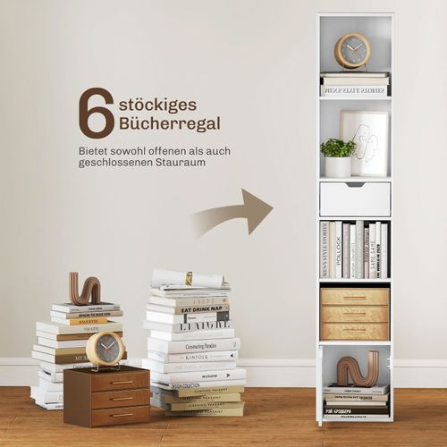 Bibliothèque Ajustable 6 Niveaux Avec Tiroir Et Porte, Rangement Modulable Blanc Pour Maison