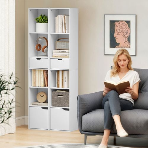 Bibliothèque Ajustable 6 Niveaux Avec Tiroir Et Porte, Rangement Modulable Blanc Pour Maison