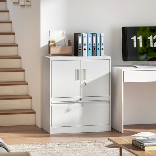 Armoire De Bureau En Acier Blanc Verrouillable Avec Tiroir Dossiers Et Étagère Réglable Intégrée
