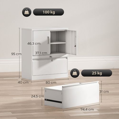 Armoire De Bureau En Acier Blanc Verrouillable Avec Tiroir Dossiers Et Étagère Réglable Intégrée