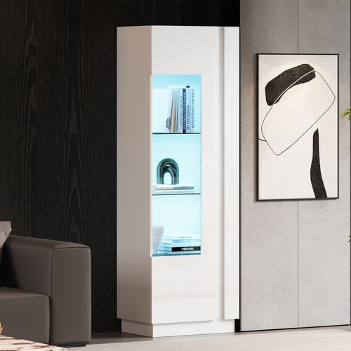 Vitrine Haute Blanche 180 Cm Avec Porte En Acrylique, LED Réglable Et Étagères En Verre