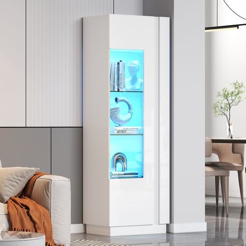 Vitrine Haute Blanche 180 Cm Avec Porte En Acrylique, LED Réglable Et Étagères En Verre