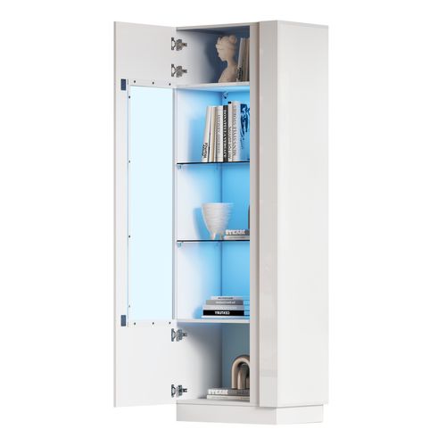 Vitrine Haute Blanche 180 Cm Avec Porte En Acrylique, LED Réglable Et Étagères En Verre