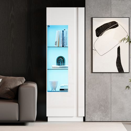 Vitrine Haute Blanche 180 Cm Avec Porte En Acrylique, LED Réglable Et Étagères En Verre